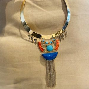 Turquoise, orange colored stones with gold toned metal necklace